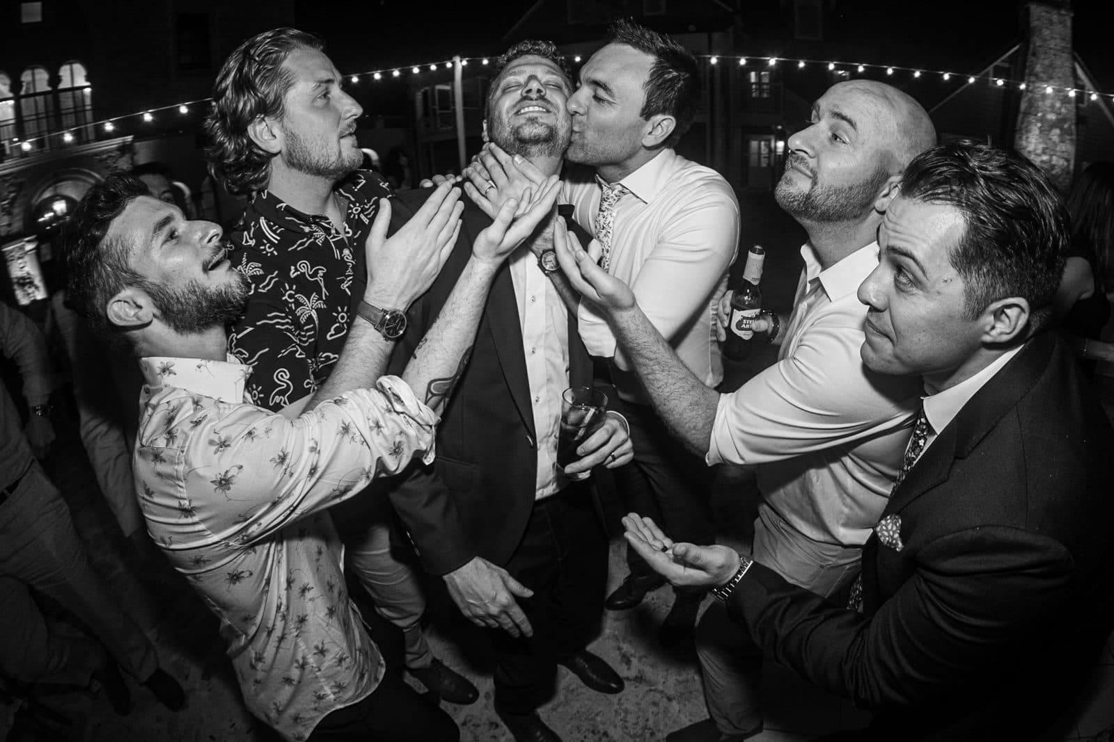 Black and white reception dance floor as the room lets go